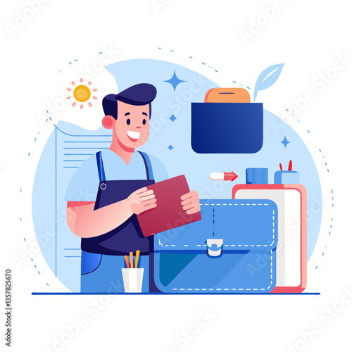 A person making leather wallet image. Cartoon style. Vector illustration.