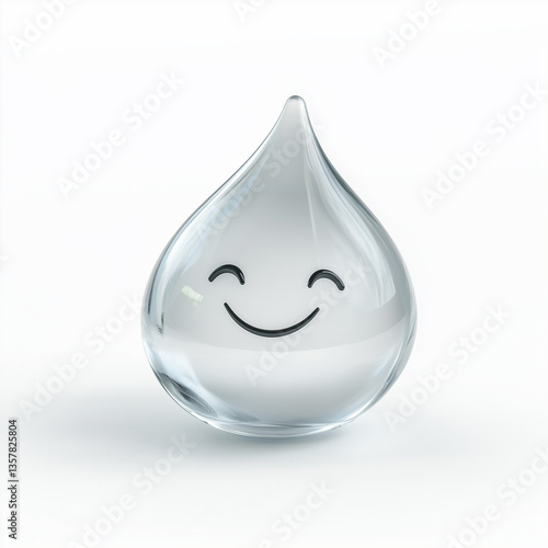 Minimalistic clear water droplet character with a joyful smile, symbolizing purity, hydration, clarity, environment, and freshness.