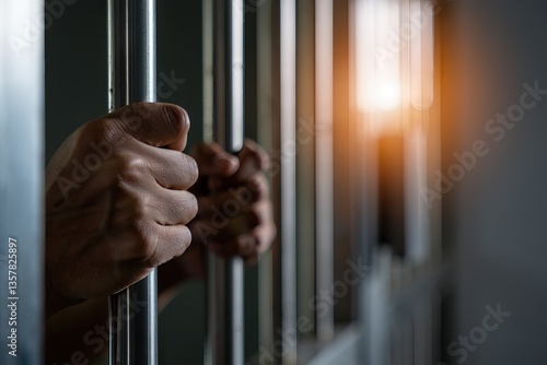 Hands gripping prison bars with sunlight illuminating the background