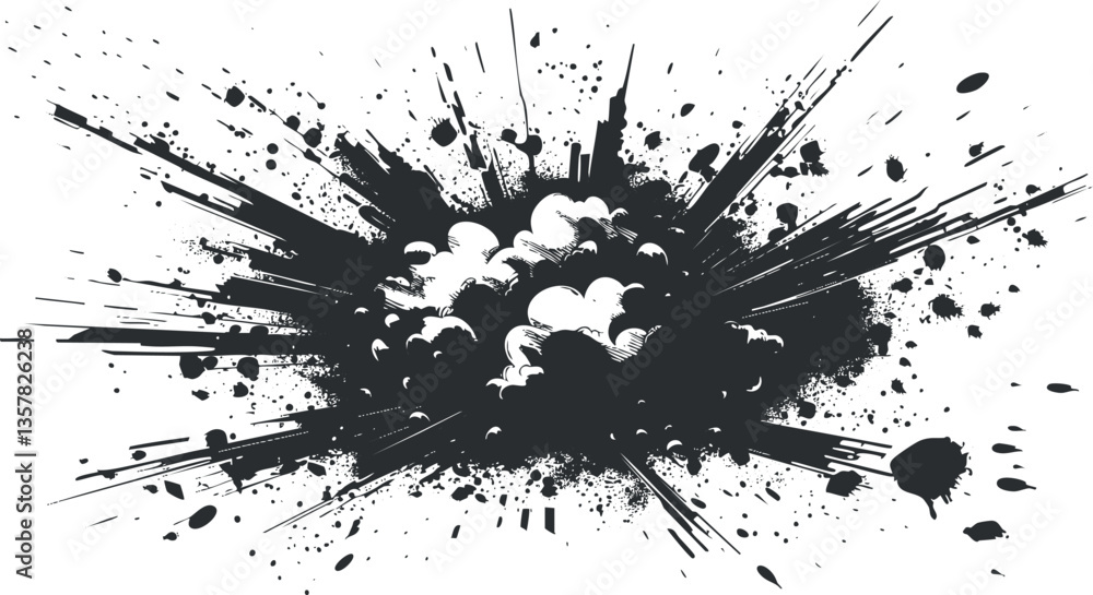 Obraz premium Dynamic black and white ink explosion with splatter effect.