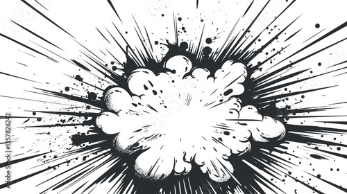 Dynamic black and white explosion comic illustration with energetic burst effect.