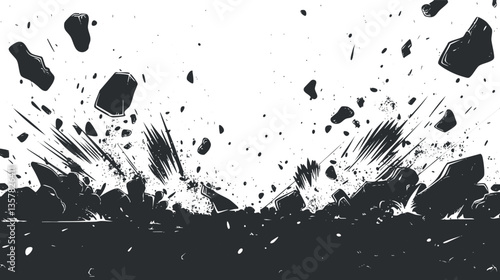 Monochrome explosion with debris and rocks in dynamic motion.