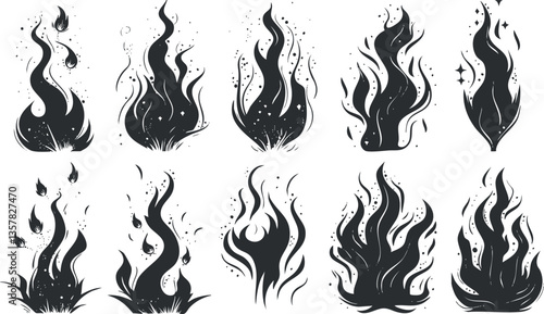 Black flame silhouettes in various shapes and styles on white background.