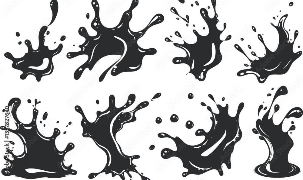 Set of abstract black ink splashes creating dynamic artistic patterns. Set of abstract black ink splashes creating dynamic artistic patterns.