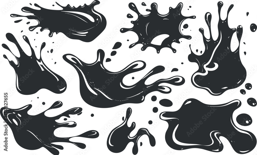 Obraz premium Abstract black ink splatters on a white background for artistic design.