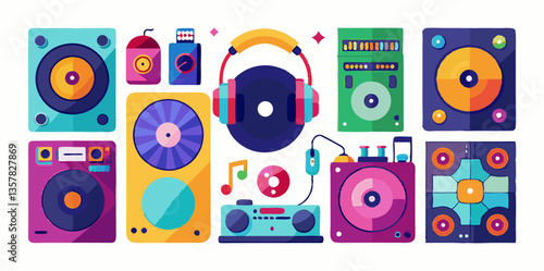 Set of different DJ equipment images. Colorful cartoon icons isolated on white background. Vector illustration.