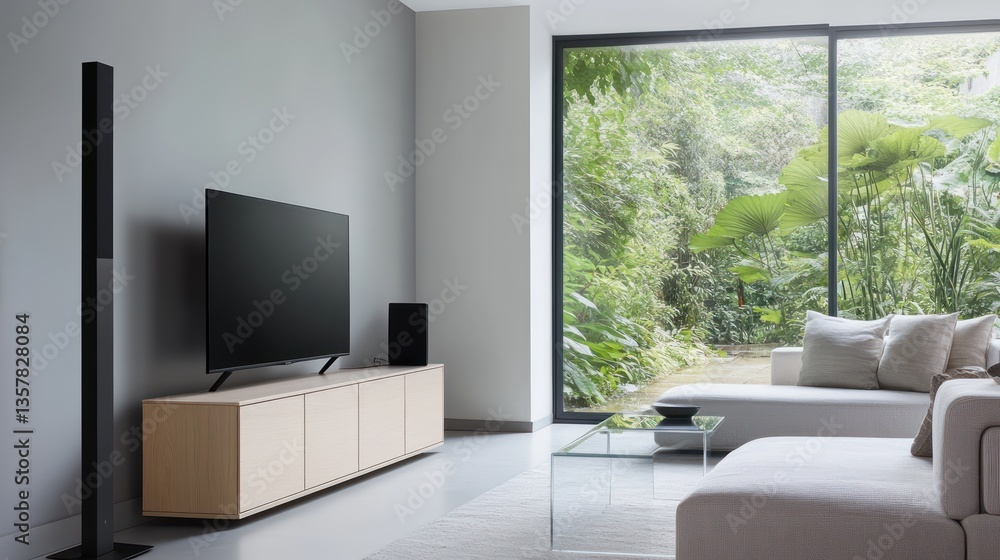 Fototapeta premium A modern minimalist living room with pale gray walls and a streamlined light oak TV cabinet