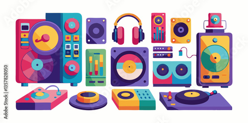 Set of different DJ equipment images. Colorful cartoon icons isolated on white background. Vector illustration.