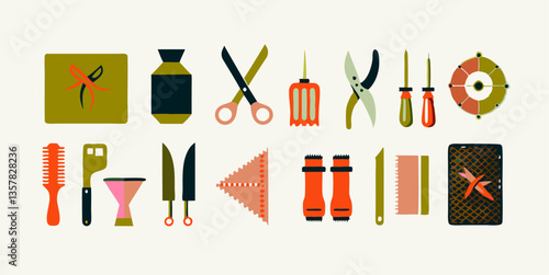 Set of different tools for making leather wallet images. Flat colorful isolated icons. Vector illustration.