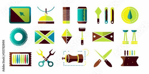 Set of different tools for making leather wallet images. Flat colorful isolated icons. Vector illustration.