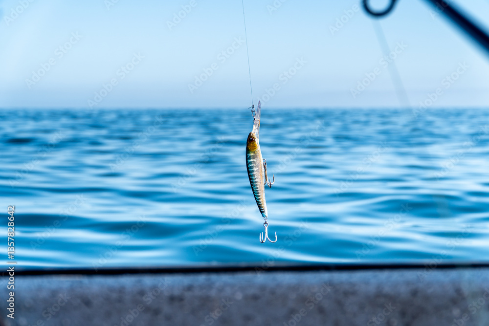 Fishing hook hanging over the sea with blurred ocean background