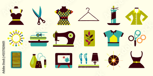 Set of different clothing sewing tools images. Flat colorful isolated icons. Vector illustration.