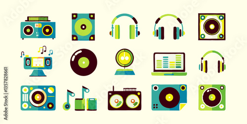 Set of different DJ equipment images. Flat colorful isolated icons. Vector illustration.