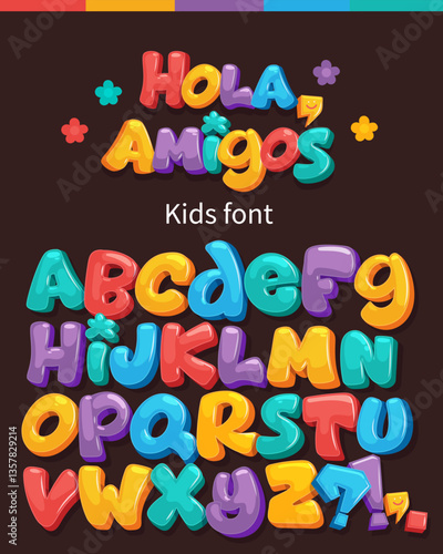 Colorful Cartoon Letters Set For Kids Lettering Design. Decorative Font Set