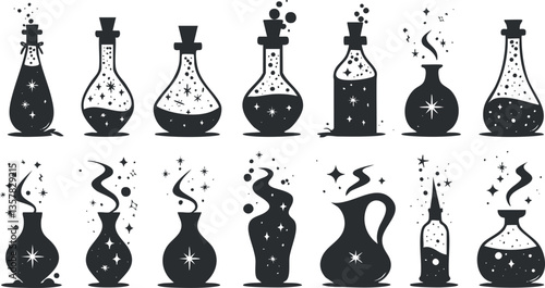 Illustration of vintage potion bottles with mystical designs and smoke.