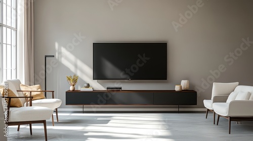 Wallpaper Mural A modern minimalist living room with light gray walls and a dark wood wall unit supporting a sleek black flat-screen TV Torontodigital.ca