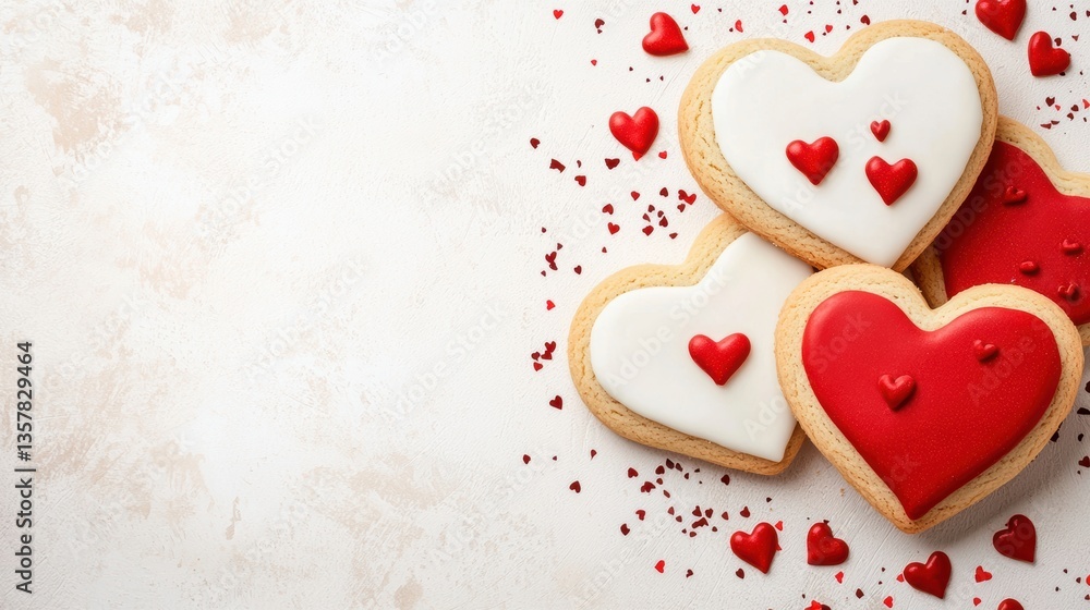 Obraz premium Delicious heart-shaped cookies decorated with red and white icing, surrounded by scattered heart sprinkles, Perfect for Valentine's Day promotions, baking blogs, or festive event decorations,