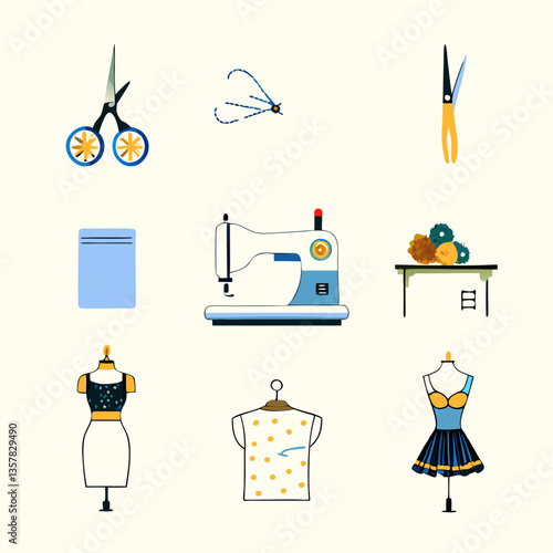 Set of different clothing sewing tools watercolor icons. Flat images on white background. Vector illustration.