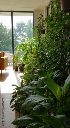 Indoor Jungle Oasis: A Sunlit Sanctuary of Lush Greenery
