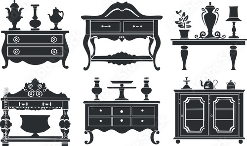 Vintage furniture silhouettes featuring ornate cabinets and tables in black and white.