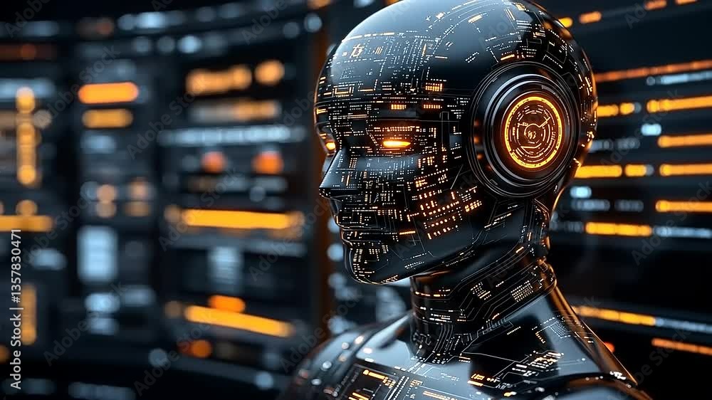 Futuristic humanoid robot with glowing circuitry, set against a high-tech control panel backdrop Futuristic humanoid robot with glowing circuitry, set against a high-tech control panel backdrop
