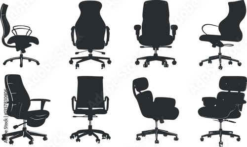 Silhouette collection of various office chairs on wheels.