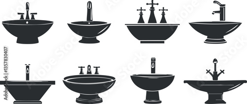 Vector illustration of different bathroom sink designs in black and white.