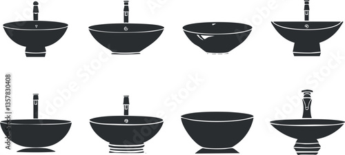 Vector illustration of various modern bathroom sinks silhouettes.