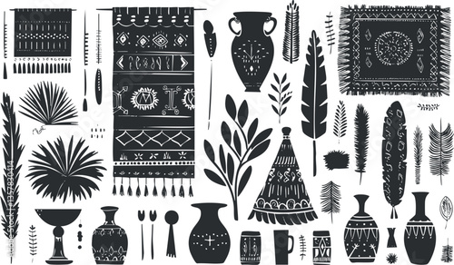 Silhouette illustration of traditional ethnic patterns, vases, and decorative elements.