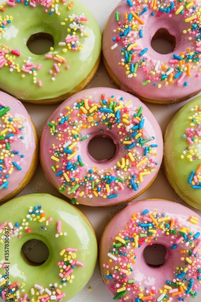 Colorful donuts with sprinkles arranged in a delightful pattern on a bright background Colorful donuts with sprinkles arranged in a delightful pattern on a bright background