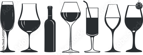 Silhouette illustration of various wine glasses and a bottle.