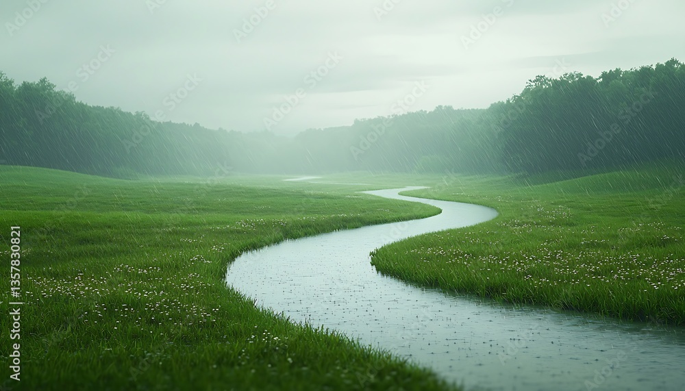 Naklejka premium Rainy River with Green Meadow Landscape.