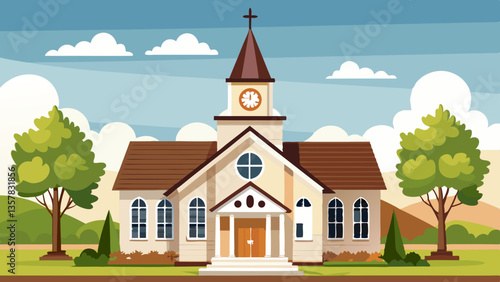 White and Brown Baptist Church Exterior with White Steeple tower, religion, God, Priest