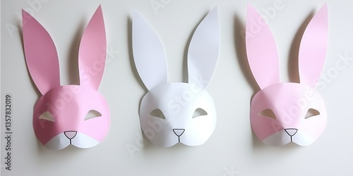 Three colorful paper bunny masks are arranged neatly on a clean white surface, showcasing their distinct designs and playful features.
