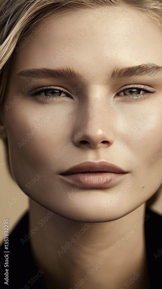 Fototapeta premium Close up portrait of young woman with serene expression and fair complexion