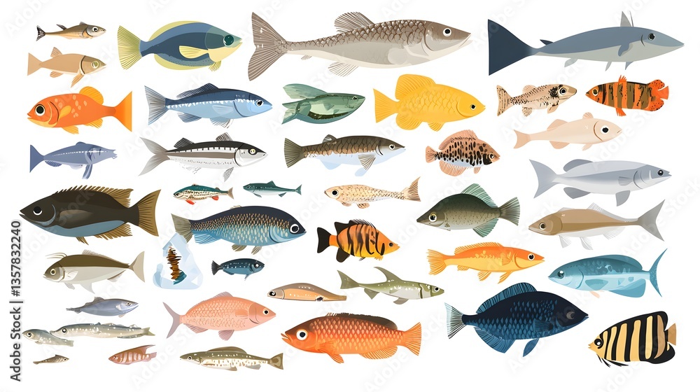 Naklejka premium Aquatic Diversity: A vibrant illustration showcases a diverse array of colorful fish species, each with unique shapes, sizes, and patterns, creating a stunning display of underwater life.