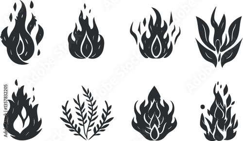 Collection of abstract flame icons in black and white vector art.