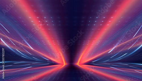 Abstract bright neon background scene with rays, spotlights, multi-colored background.