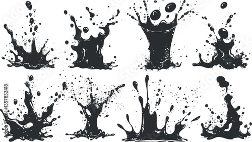 Set of abstract black ink splashes on white background.
