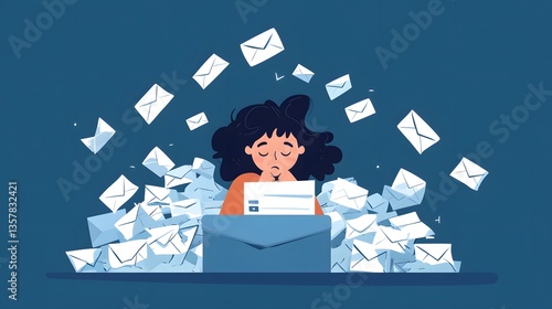 Overwhelmed by Mail: A person appears swamped by an avalanche of emails, symbolizing digital overload in the modern age.