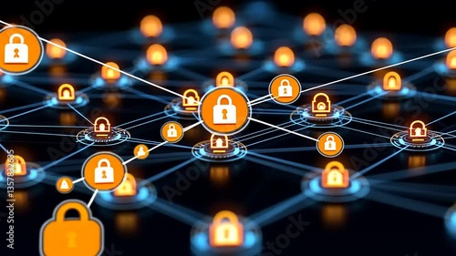 Digital network with interconnected padlocks symbolizing cybersecurity and data protection