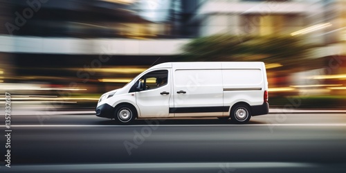 White commercial delivery van on the street with motion blur background