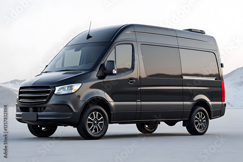Sleek black sprinter van on open road under clear sky, minivan