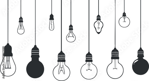 Illustration of various hanging lightbulbs in black and white silhouette style.