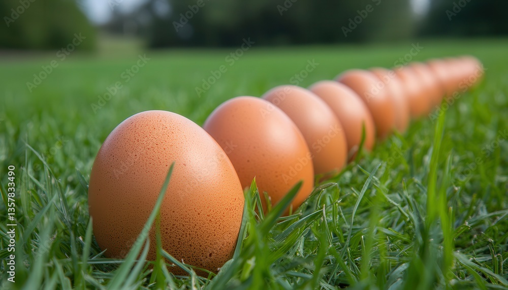 A row of fresh eggs rests on a bed of vibrant green grass, showcasing their natural colors and textures in an outdoor setting. A row of fresh eggs rests on a bed of vibrant green grass, showcasing their natural colors and textures in an outdoor setting.