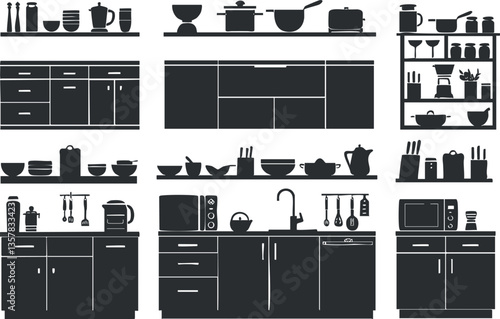 Silhouette illustration of a modern kitchen setup with cabinets and appliances.