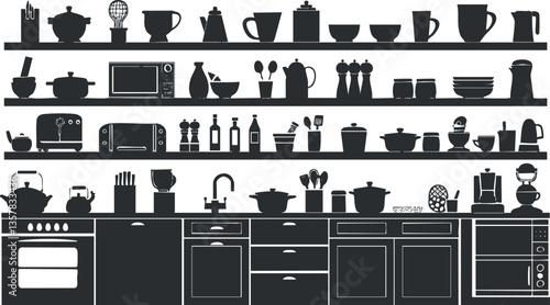 Silhouette of kitchen appliances and utensils on shelves and counters.