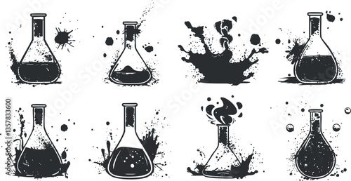 Black and white illustration of laboratory flasks with splashes and explosions.