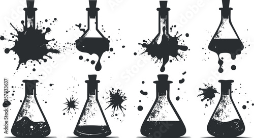 Illustration of laboratory flasks with splattered liquid in black and white.