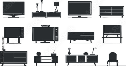 Black and white illustration of various retro and modern television furniture.